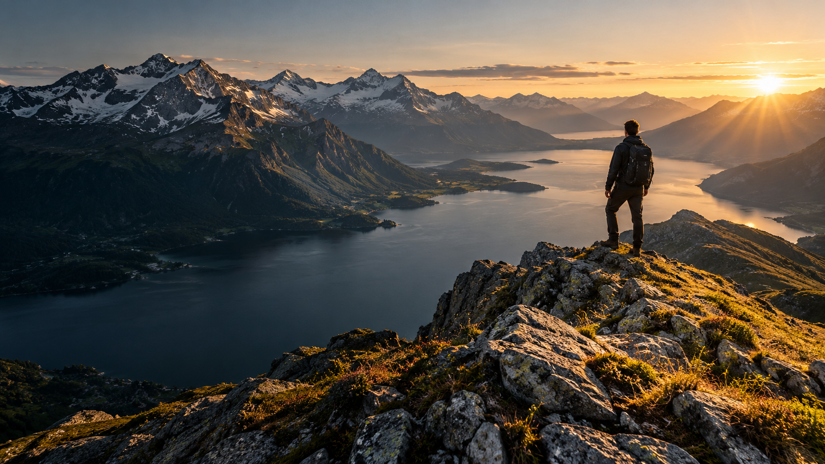 A traveler above a mountain lake as the sun breaks over the peaks
