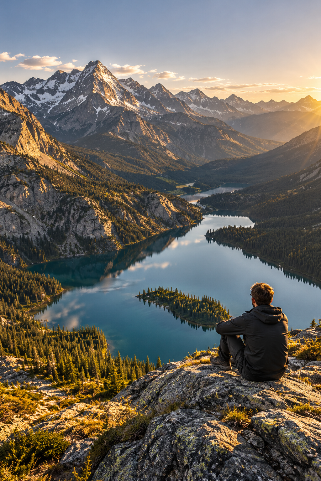Golden evening light across distant mountains